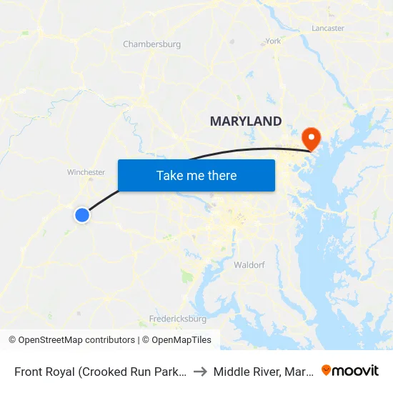 Front Royal (Crooked Run Park & Ride) to Middle River, Maryland map