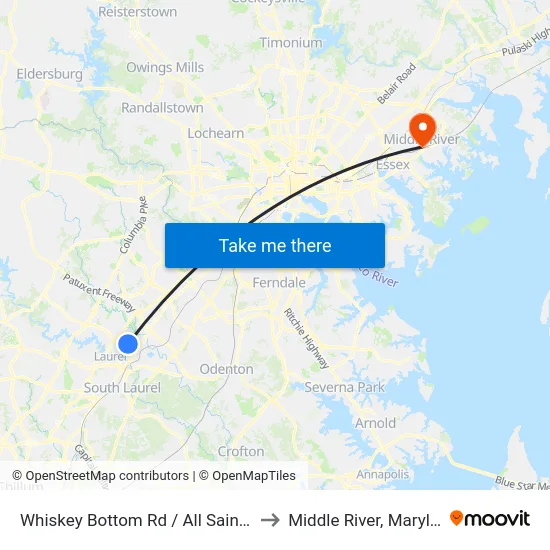 Whiskey Bottom Rd / All Saints Rd to Middle River, Maryland map