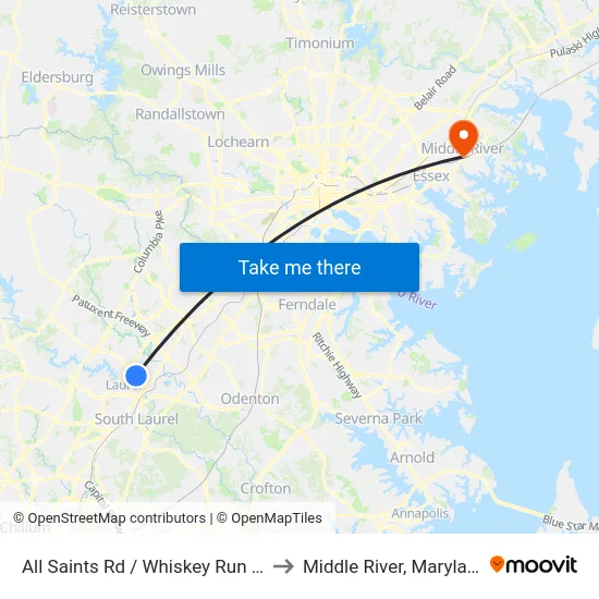 All Saints Rd / Whiskey Run Rd to Middle River, Maryland map