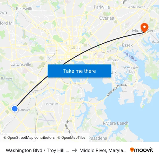 Washington Blvd / Troy Hill Dr to Middle River, Maryland map