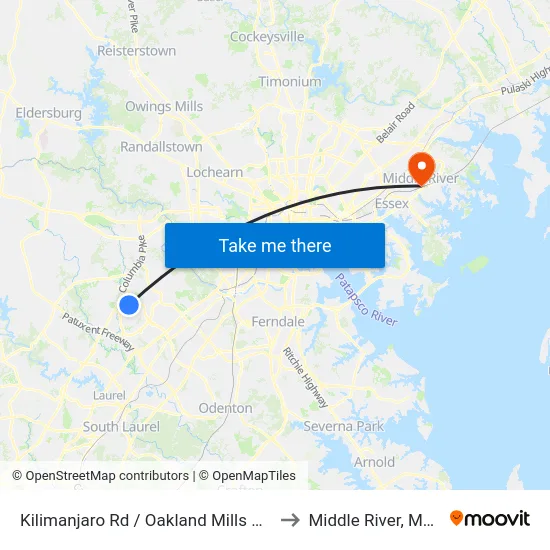 Kilimanjaro Rd / Oakland Mills High School to Middle River, Maryland map