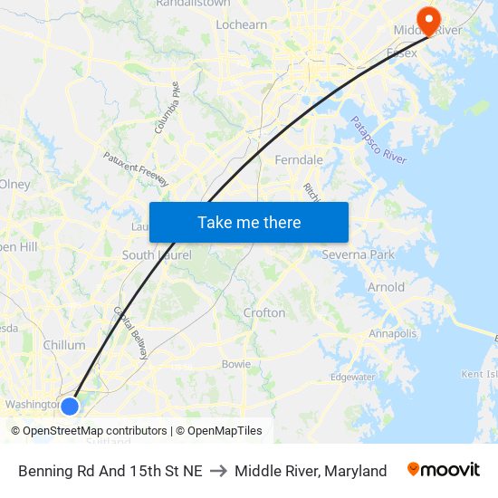 Benning Rd And 15th St NE to Middle River, Maryland map