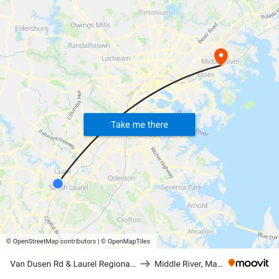 Van Dusen Rd & Laurel Regional Hospital to Middle River, Maryland map