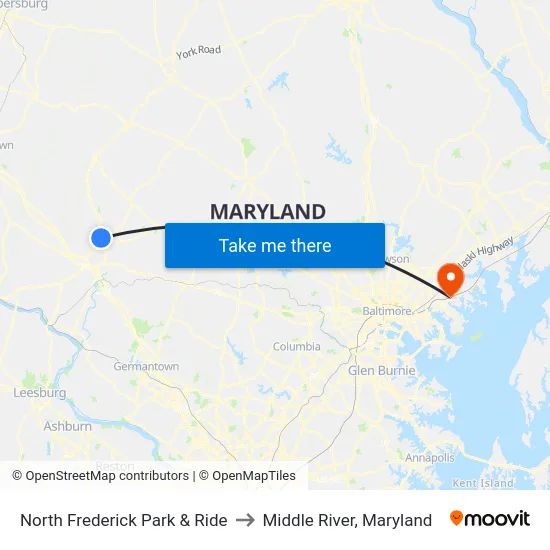 North Frederick Park & Ride to Middle River, Maryland map
