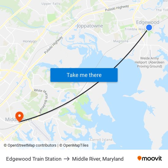 Edgewood Train Station to Middle River, Maryland map