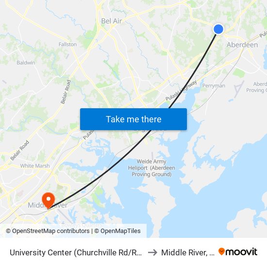 University Center (Churchville Rd/Rt 22 & Technology Dr) to Middle River, Maryland map