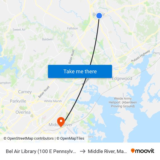 Bel Air Library (100 E Pennsylvania Ave) to Middle River, Maryland map