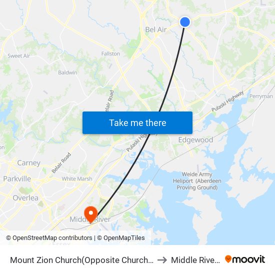 Mount Zion Church(Opposite Churchville Rd/Rt 22 & Andreas Dr) to Middle River, Maryland map
