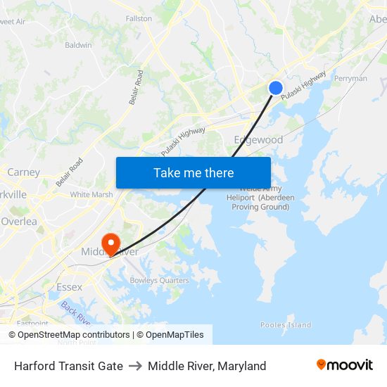 Harford Transit Gate to Middle River, Maryland map