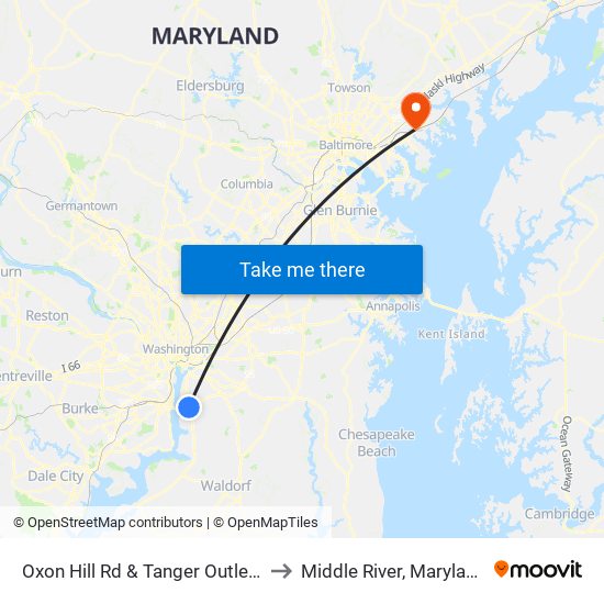 Oxon Hill Rd & Tanger Outlets to Middle River, Maryland map
