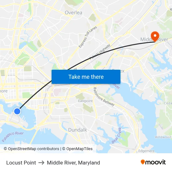 Locust Point to Middle River, Maryland map
