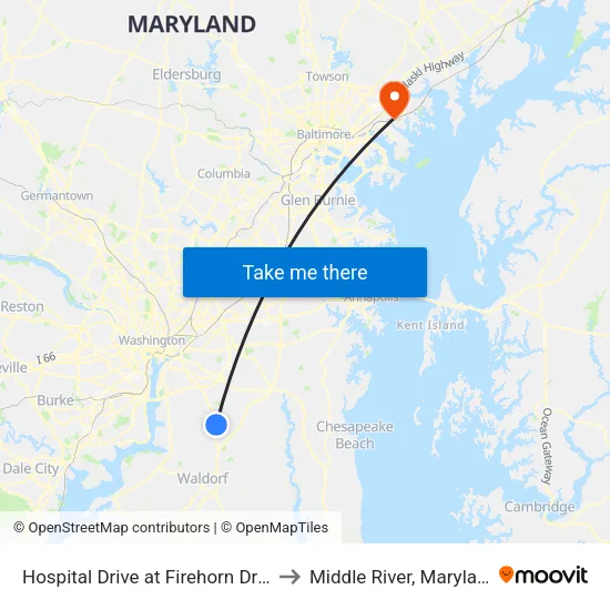 Hospital Drive at Firehorn Drive to Middle River, Maryland map