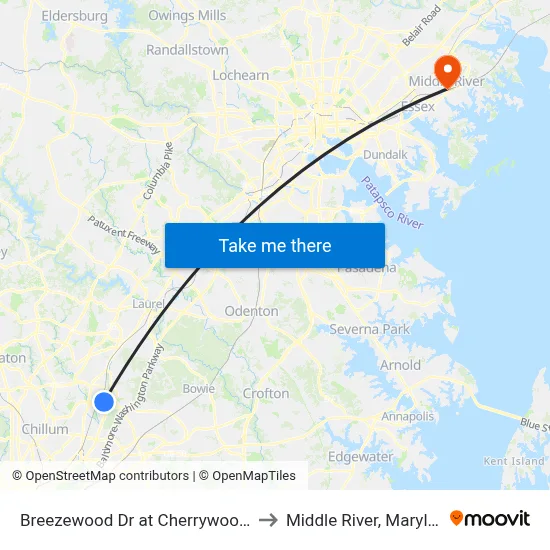 Breezewood Dr at Cherrywood Ln to Middle River, Maryland map