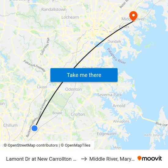 Lamont Dr at New Carrollton Library to Middle River, Maryland map