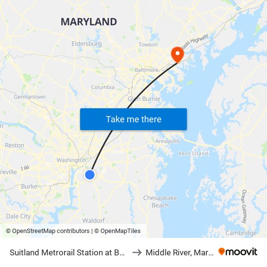 Suitland Metrorail Station at Bus Bay D to Middle River, Maryland map