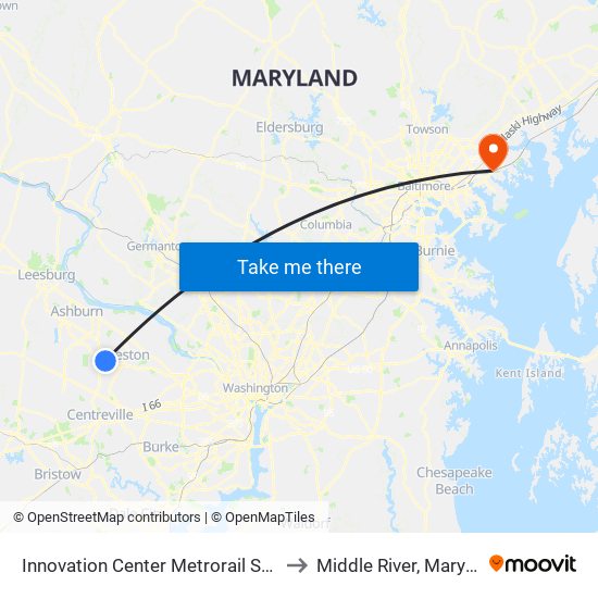 Innovation Center Metrorail Station to Middle River, Maryland map