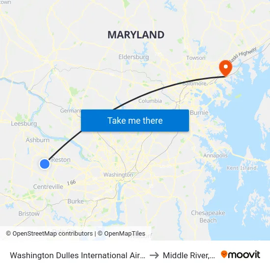 Washington Dulles International Airport to Middle River, Maryland map