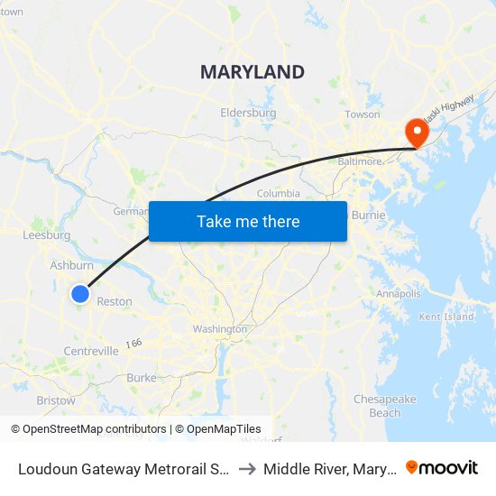 Loudoun Gateway Metrorail Station to Middle River, Maryland map