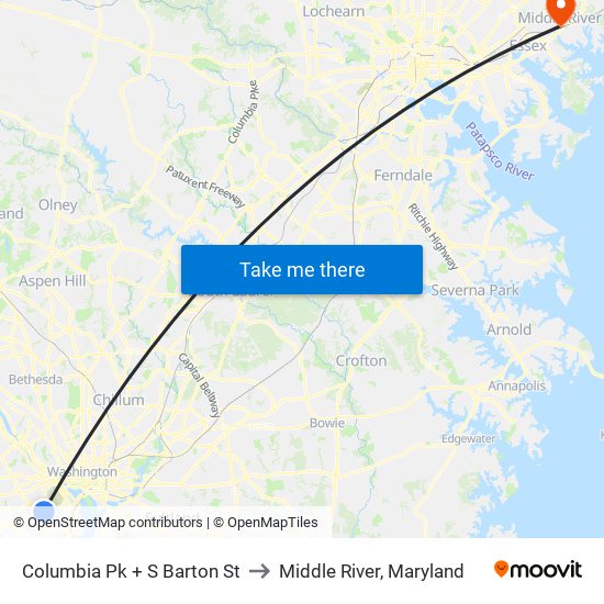 Columbia Pk + S Barton St to Middle River, Maryland map