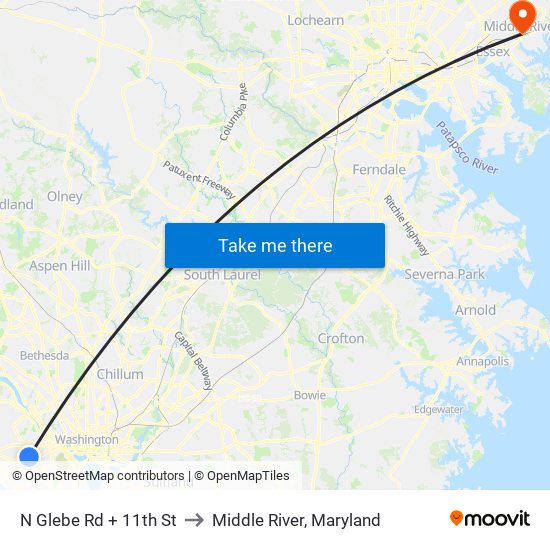 N Glebe Rd + 11th St to Middle River, Maryland map