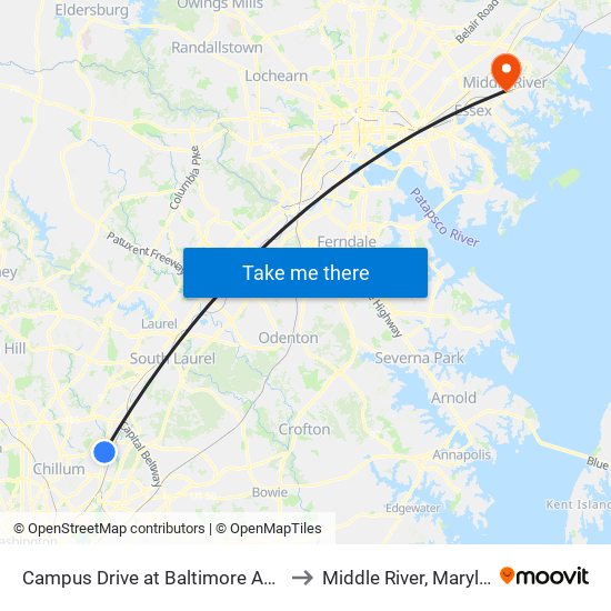 Campus Drive at Baltimore Avenue to Middle River, Maryland map