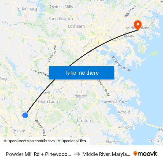 Powder Mill Rd + Pinewood Ct to Middle River, Maryland map