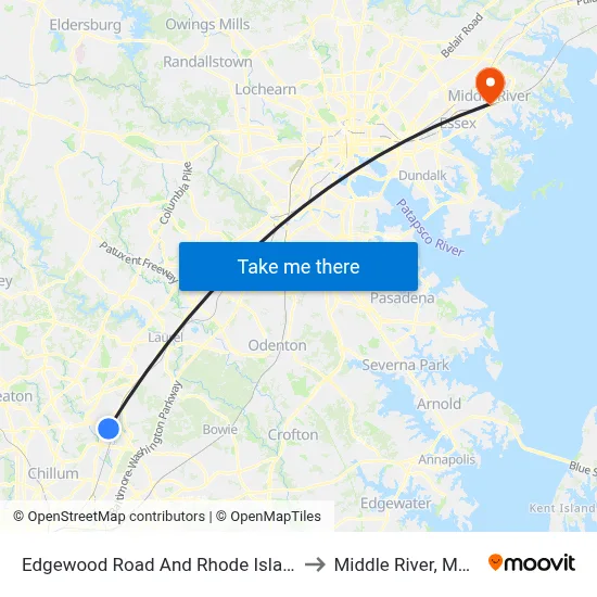 Edgewood Road And Rhode Island Avenue to Middle River, Maryland map