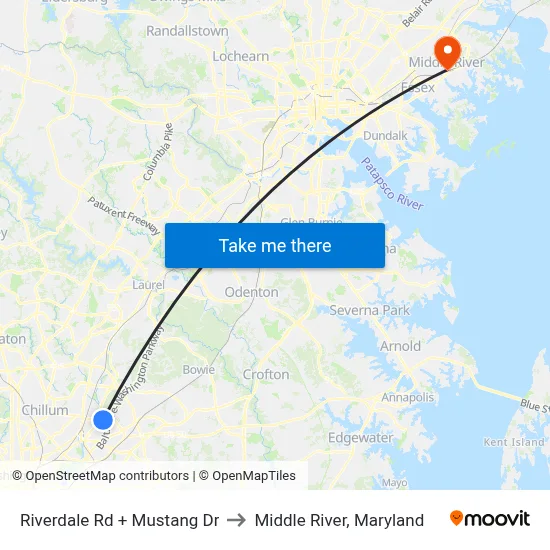 Riverdale Rd + Mustang Dr to Middle River, Maryland map