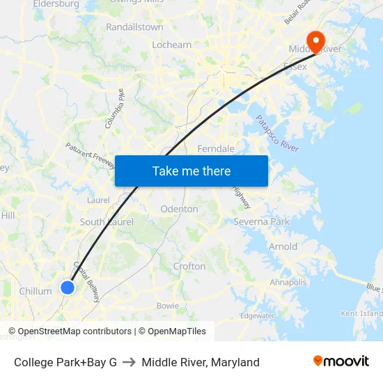 College Park+Bay G to Middle River, Maryland map