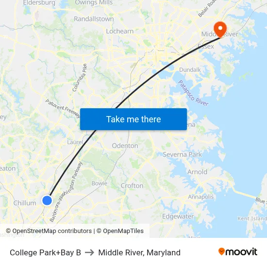College Park+Bay B to Middle River, Maryland map