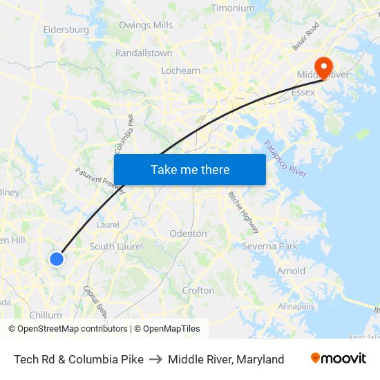 Tech Rd & Columbia Pike to Middle River, Maryland map