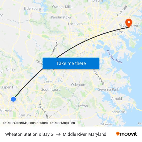 Wheaton Station & Bay G to Middle River, Maryland map