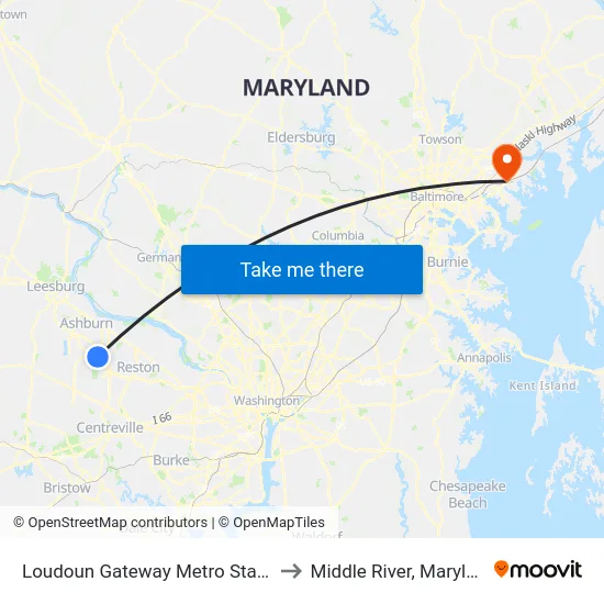 Loudoun Gateway Metro Station to Middle River, Maryland map
