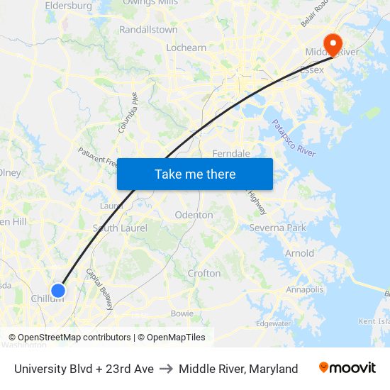 University Blvd + 23rd Ave to Middle River, Maryland map