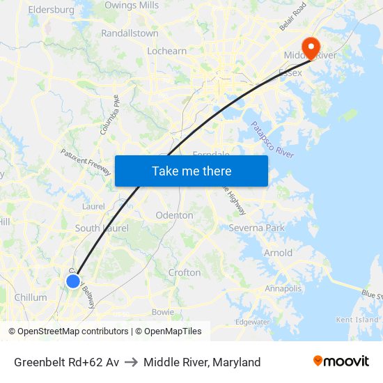 Greenbelt Rd+62 Av to Middle River, Maryland map