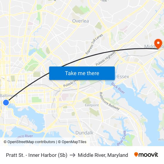 Pratt St. - Inner Harbor (Sb) to Middle River, Maryland map