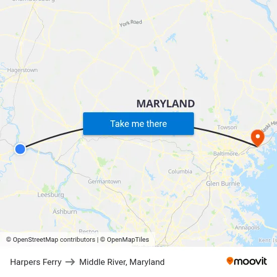 Harpers Ferry to Middle River, Maryland map