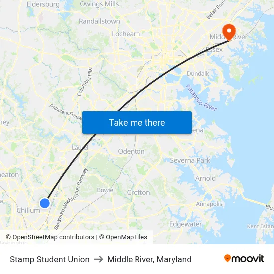 Stamp Student Union to Middle River, Maryland map