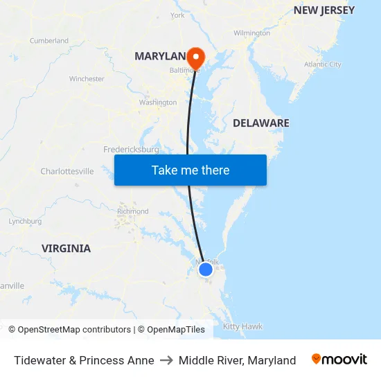 Tidewater & Princess Anne to Middle River, Maryland map