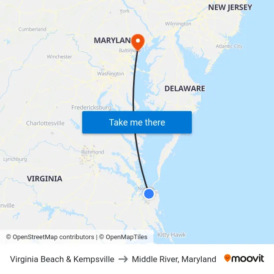 Virginia Beach & Kempsville to Middle River, Maryland map
