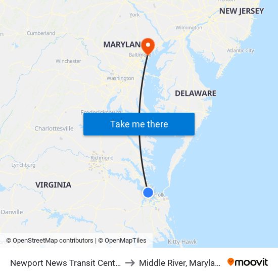 Newport News Transit Center to Middle River, Maryland map