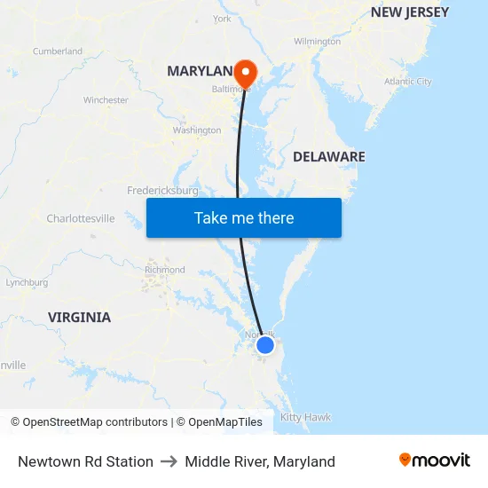 Newtown Rd Station to Middle River, Maryland map