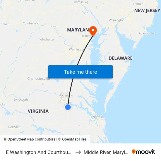 E Washington And Courthouse St to Middle River, Maryland map