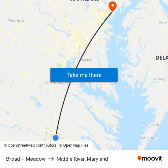 Broad + Meadow to Middle River, Maryland map