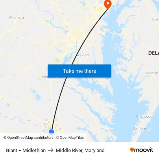 Giant + Midlothian to Middle River, Maryland map