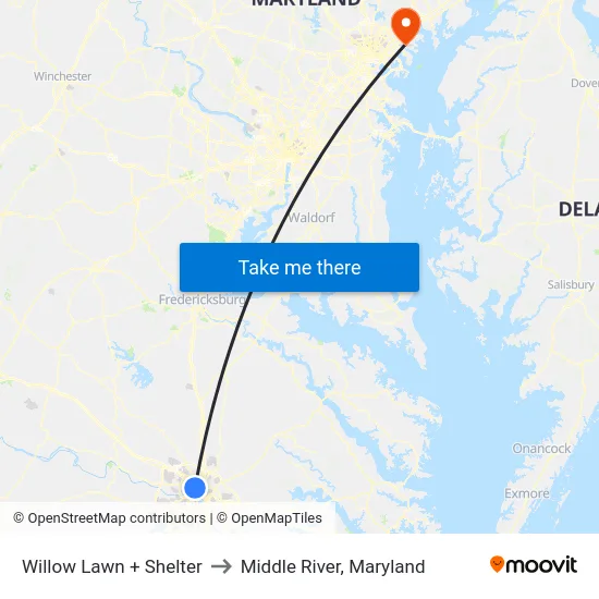 Willow Lawn + Shelter to Middle River, Maryland map