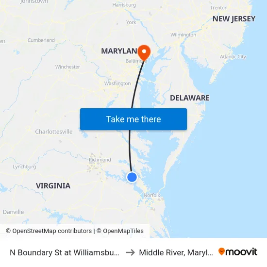 N Boundary St at Williamsburg Tc to Middle River, Maryland map