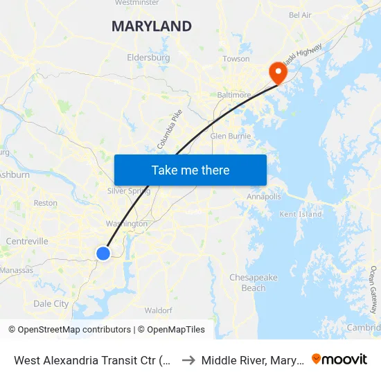 West Alexandria Transit Ctr (Bay A) to Middle River, Maryland map