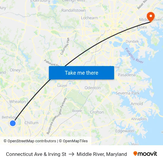 Connecticut Ave & Irving St to Middle River, Maryland map