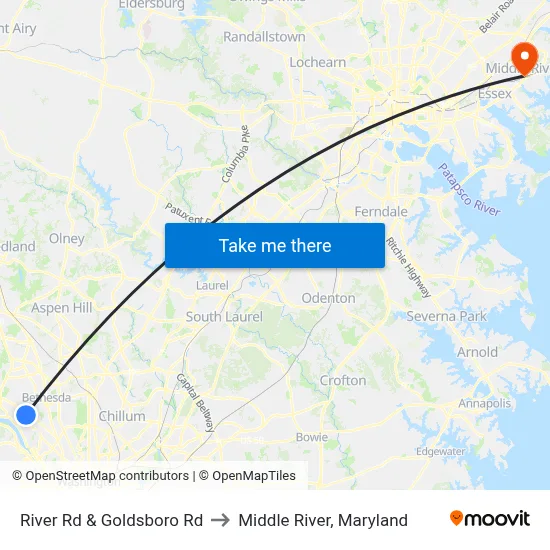 River Rd & Goldsboro Rd to Middle River, Maryland map